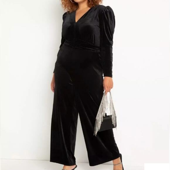 ELOQUII Jumpsuit Size 18 NWT Black Velvet Tie Belt Wide Leg Cocktail Evening - Picture 1 of 16